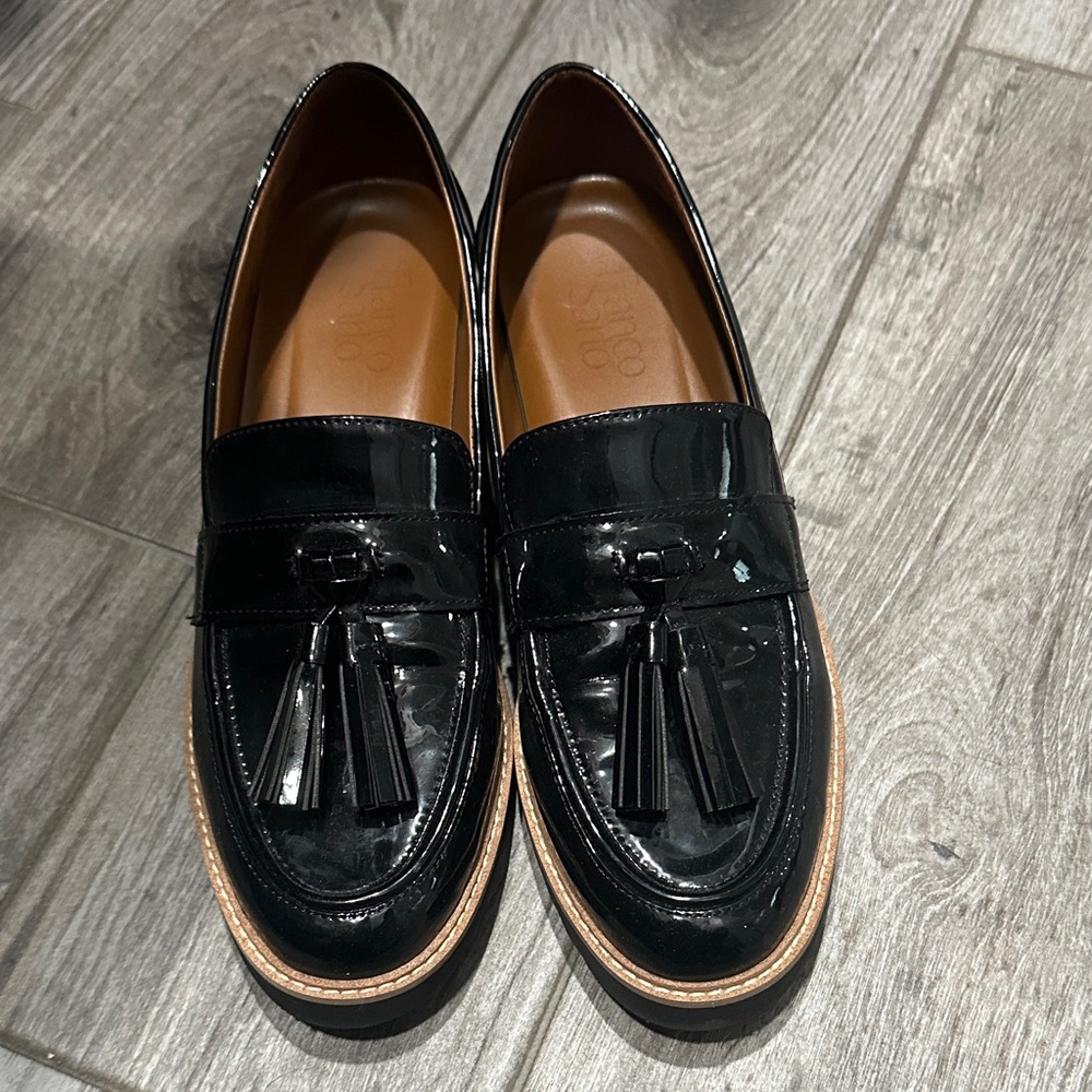 Franco Sarto Black Patent Leather Loafers with Tassels